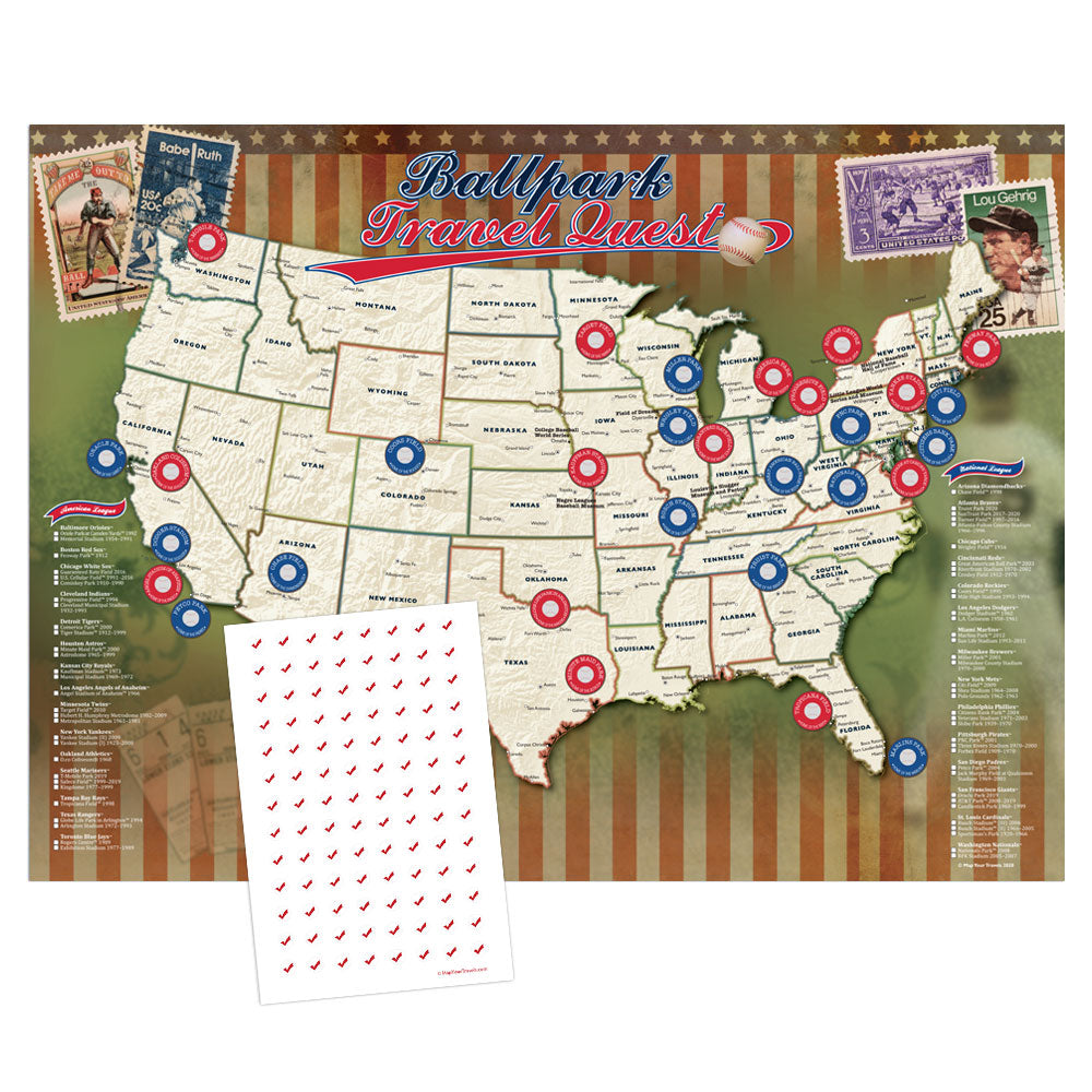 Major League Baseball Pushpin Map - Mark your travels to your favorite MLB  baseball stadiums - Sports Decor - Perfect for the baseball fan - Includes