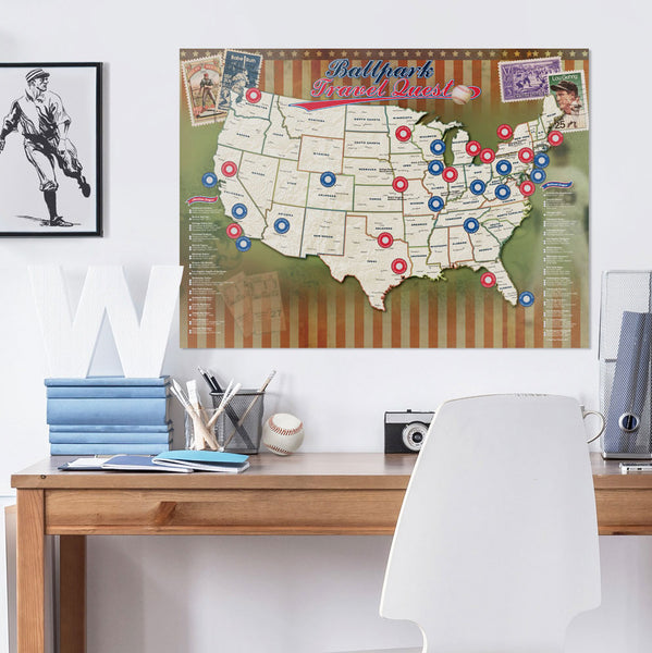 Major League Baseball Pushpin Map - Mark your travels to your favorite MLB  baseball stadiums - Sports Decor - Perfect for the baseball fan - Includes